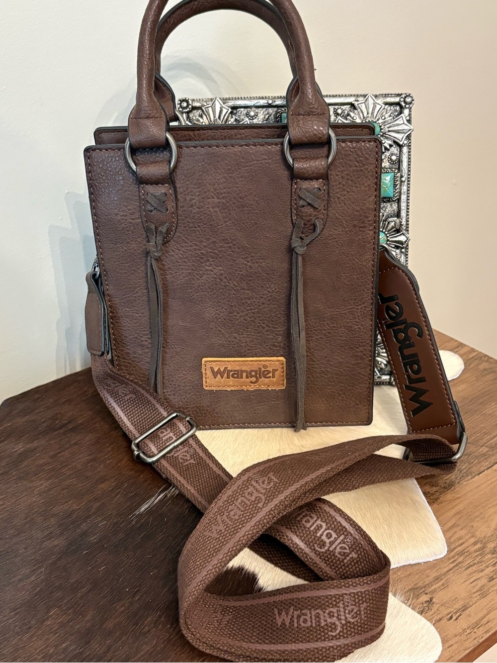 Wrangler Brown Leather Messenger Crossbody with Branded Strap